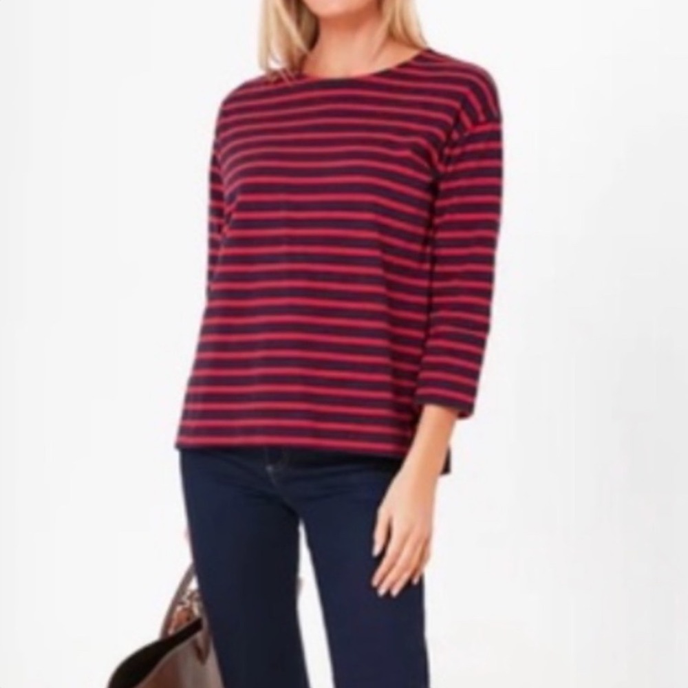 Pomander Place‎ Women Medium Navy Red Striped 100% Cotton 3/4 Sleeve Top